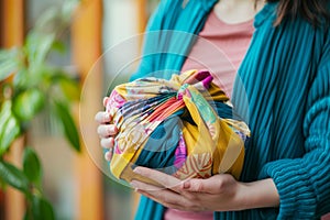 woman holding a gift wrapped in colorful cloth using furoshiki technique