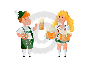 woman holding glass mugs with beer, man with mug