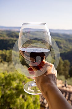 Woman holding a glass of red wine with beautiful landscape of Italy in a background on a sunny day.