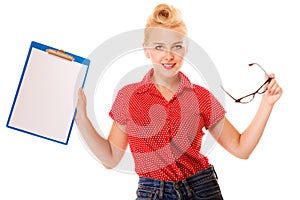 Woman holding glasses and clipboard isolated