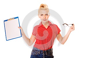 Woman holding glasses and clipboard isolated