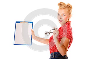 Woman holding glasses and clipboard isolated