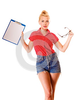 Woman holding glasses and clipboard isolated