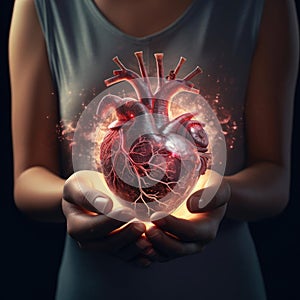 Woman Holding Glowing Artificial Heart