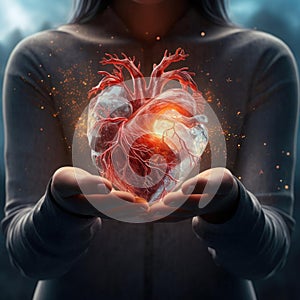 Woman Holding Glowing Artificial Heart
