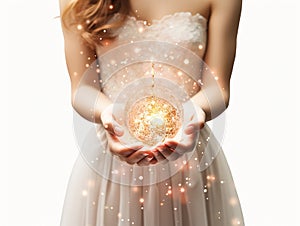 Woman holding glowing ball in hands on sparkle backdrop. New Year, Christmas, festive, fairy tale