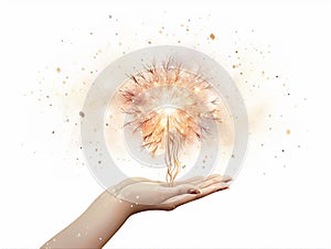 Woman holding glowing ball in hands on sparkle backdrop. New Year, Christmas, festive, fairy tale