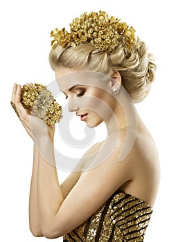 Woman Holding Golden Flowers Jewelry, Young Fashion Girl Dreams, White