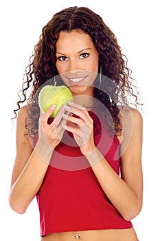 Woman holding greeen apple