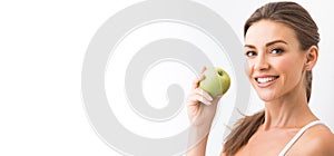 Woman with holding green apple