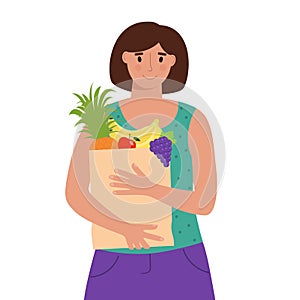Woman holding grocery paper bag with fruits. Healthy eating, vegetarian lifestyle concept. Vector flat illustration