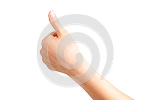 Woman holding hand in gesture of like sign, giving thumb up