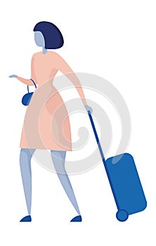 Woman holding handbag and handle suitcases on wheels. Vector color flat icon