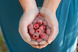 Woman holding a handful of raspberries