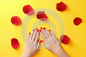 Woman holding hands near rose petals on color background. Beautiful nail polish