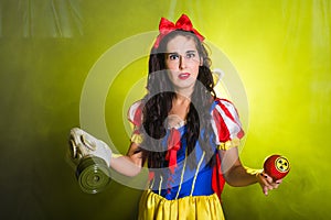 Woman holding hazardous radioactive apple. Nuclear and radiation measurement concept.