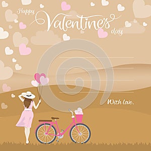 Woman holding heart shape balloons and bicycle with valentines calligraphy text