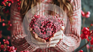 A woman holding a heart shaped arrangement of flowers in her hands, AI