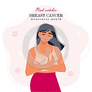 Woman holding her breast. Breast cancer awareness month banner. Vector illustration in flat style