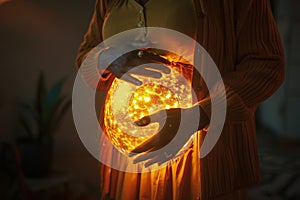 Woman holding her glowing pregnant belly. Generative AI