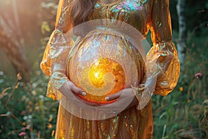 Woman holding her glowing pregnant belly. Generative AI