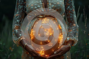 Woman holding her glowing pregnant belly. Generative AI