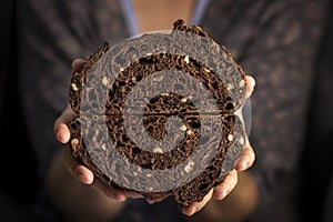 Woman holding in her hands a home made black bread from chocolate and nuts