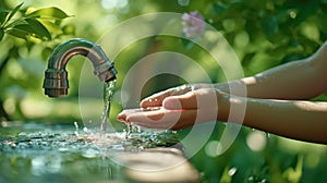 Woman is holding her hands underneath an outdoor faucet. The water from faucet is flowing over her hands and into
