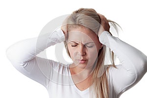 Woman holding her head isolated on white background. headache.