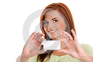 Woman holding her visiting card
