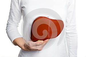 Woman holding human liver model at white body