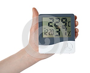 Woman holding hygrometer on white background, closeup. Atmospheric humidity