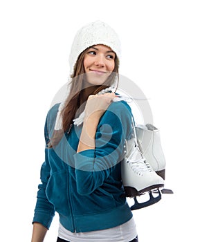 Woman holding ice skates for winter ice skating sport activity