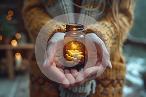 Woman holding a jar of glowing pills