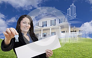 Woman Holding Keys, Blank Sign with Ghosted House Drawing Behind