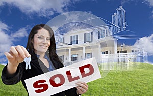 Woman Holding Keys, Sold Sign with Ghosted House Drawing Behind