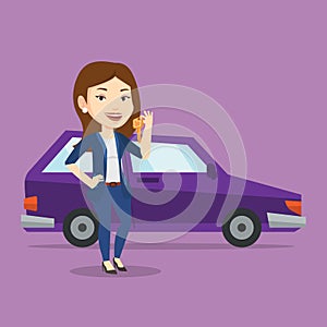 Woman holding keys to her new car.