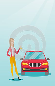 Woman holding keys to her new car.