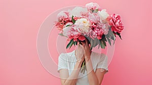 Woman holding a large bouquet covering face. Floral surprise concept. Pink peonies against a soft pink background for