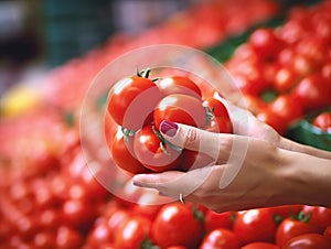 Woman is holding large bunch of red tomatoes in her hands. She has two fingers on one hand and three fingers on other hand, as