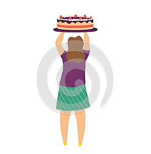 Woman holding a large decorated cake over her head. Caucasian pastry chef presents a dessert. Celebration and baking