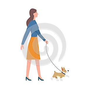 Woman holding leash to walk dog, female pet owner and puppy
