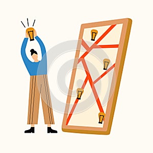 Woman holding light bulb and phone with opened map and light bulbs. Franchising concept. Flat vector illustration
