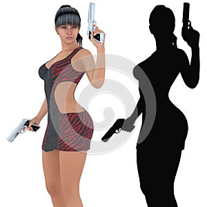 woman holding loaded handguns, 3d digitally rendered illustration. photo