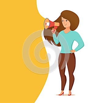 Woman holding loudspeaker calling for attention vector cartoon illustration