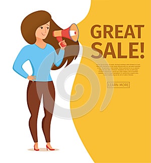 Woman holding loudspeaker calling for attention vector cartoon illustration.