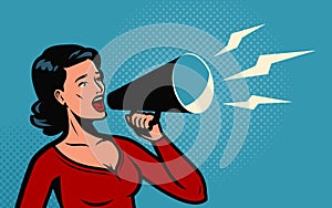 Woman holding a loudspeaker shouts announcing. Business concept. Megaphone vector illustration