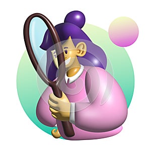 woman holding a magnifying glass 3d