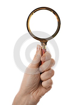Woman holding magnifying glass on white background, closeup. Find keywords concept