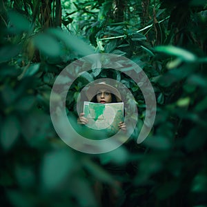 A woman holding a map appears lost in the dense green foliage, creating a sense of mystery and adventure.